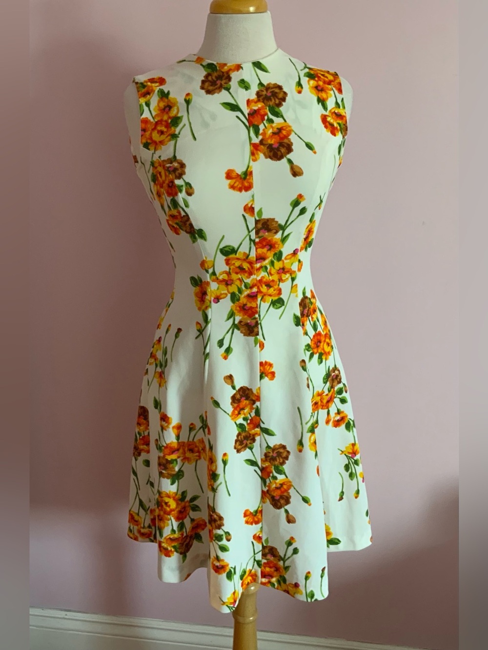 Vintage Floral Fit-and-Flare Dress in Cream with Orange Bloom
